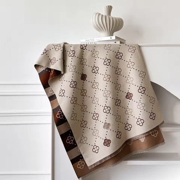 Cashmere Printed Scarf ▪︎ Tan/Multi - Picture 2 of 4